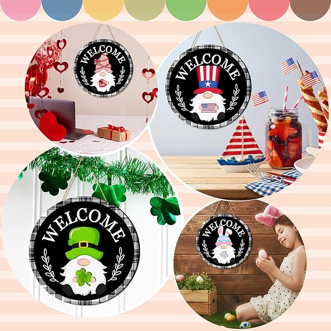 Seasonal Gnome Wall Decor Set, 11.8 inch Thanksgiving Wooden Round Sign with Interchangeable Holiday Hats, Autumn Welcome Door Hanging (Black-3)