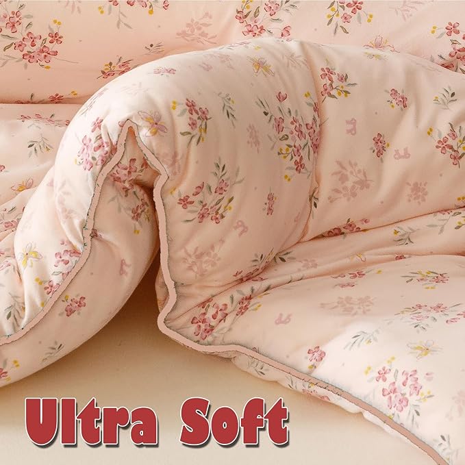 3PCS Comforter Twin Size Bed Set, Ultra Soft Marshmallow Fluffy Comforter Sets, Cute Bedding Set for Kids Girls Teen, Microfiber Lightweight All Seasons Bedroom (Pink Petals)