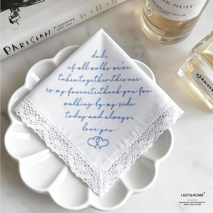 LADY&HOME Something Blue Embroidered Wedding Handkerchief - Mom,Dad,Daughter,Lace Bridal Hankies Wedding Gifts