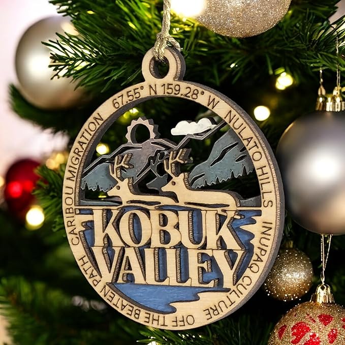 Kobuk Valley National Park Ornament - Handcrafted Wood Caribou Scene, Alaska Christmas Décor