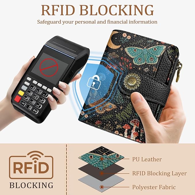 Butterfly Small Wallet Women RFID Blocking Bifold, Credit Card Holder, Zipper Coin Pocket, PU Leather, Compact, Travel, 4 ID Window, 14 Card Slots, Cash Purse, Ladies Woman Female Girls