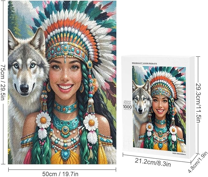 Wooden Puzzle - Indian Beauty & Wolf，Native American Jigsaw Puzzles，Wooden Puzzles for Adults 1000 Pieces Unique Gifts for Wall Art，Challenge Puzzles，Educational Games，Family Puzzles