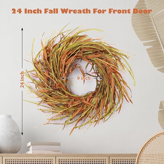 24 Inch Fall Wreath for Front Door Harvest Wreaths with Wheat Leaves and Wheat Ear, Large Autumn Wreath Decor for Farmhouse Wall Window Home Decoration and Halloween Christmas Thanksgiving Celebration