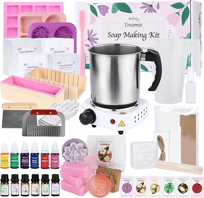 Yosamio Deluxe Soap Making Kit with Exclusive Stamp & Removable Melter–40+Pcs DIY Supplies for Adults, Easy-Clean Pot, Shea Butter & Clear Bases, Essential Oils, Molds, Dyes. Full Set for Beginners