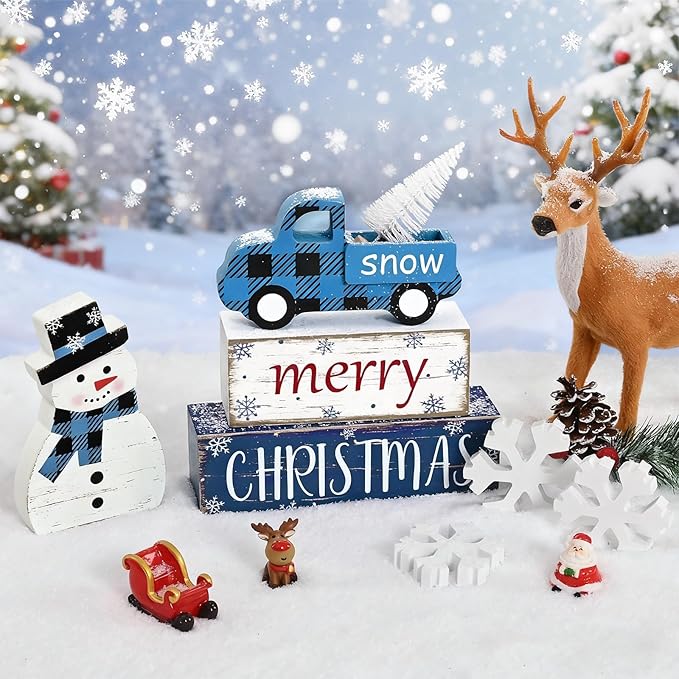 Yinhua Christmas Decorations Indoor, Christmas Table Decor, Blue Truck Snowman Decorations with Xmas Tree & Snowflakes, Farmhouse Wooden Block Sign, Xmas Mantel Decor for Tiered Tray, Desk, Bookshelf