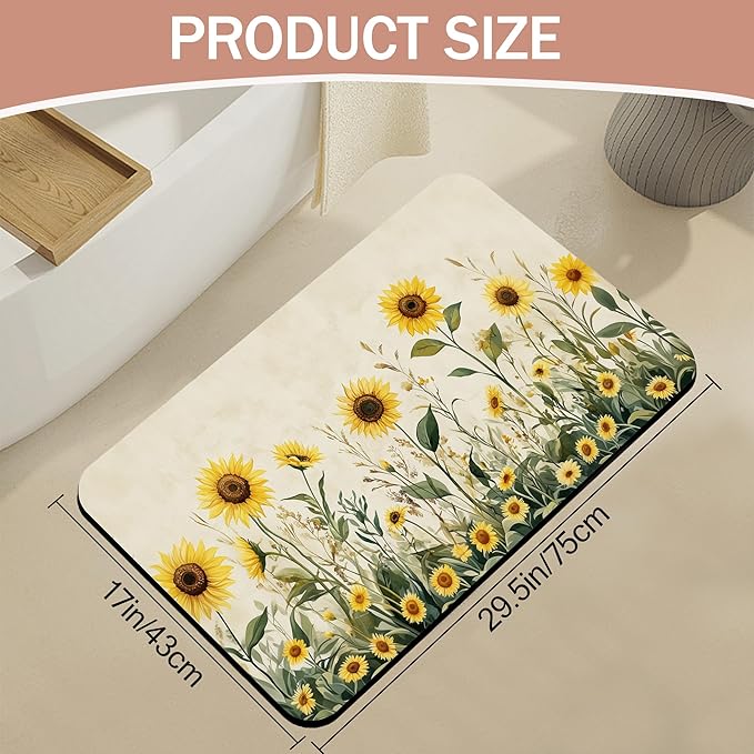 Yellow Floral Bath Mat,Sunflower Daisy Diatomaceous Earth Bath Mat,Rubber Backing Quick Dry Absorbent Washable Bathroom Rugs for Tub Non Slip 17"x29.5"
