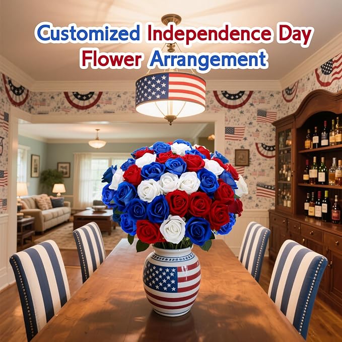 24 Roses Artificial Flowers 4th of July Decorations, Red White and Blue Patriotic Flower Arrangement， Realistic Fake Velvet Silk Roses with Stems in Bulk for Memorial Day Centerpiece Home Decor