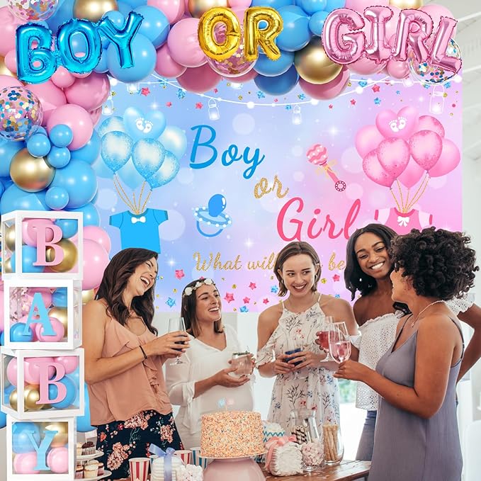 Gender Reveal Balloon Boxes Decorations - 138pcs Pink Blue Balloon Garland Kit, 4pcs Baby Box With Letters, Boy or Girl Backdrop for Baby Shower, Boy or Girl Gender Reveal Party Supplies