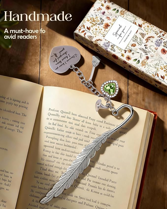 Buleens Bookmarks for Women Reading - Book Marks for Readers Book Lovers, Feather Fantasy Witch Green Personalized Metal Bookmark with Pendants, Pretty and Aesthetic Book Accessories Reading Gifts