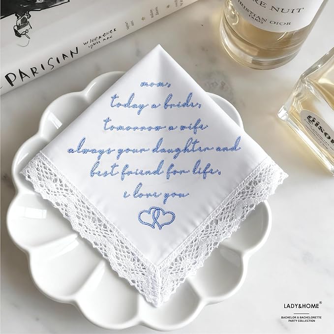 LADY&HOME Something Blue Embroidered Wedding Handkerchief - Mom,Dad,Daughter,Lace Bridal Hankies Wedding Gifts