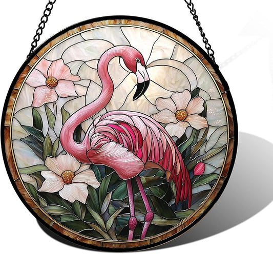 Stained Glass Window Hanging, Flamingo Flower Sun Catchers Diamond Glass Panel Hangings Pink Suncatcher Decor for Birthday for Women, Men, Wife, Aunt, and Mom 7.8 in