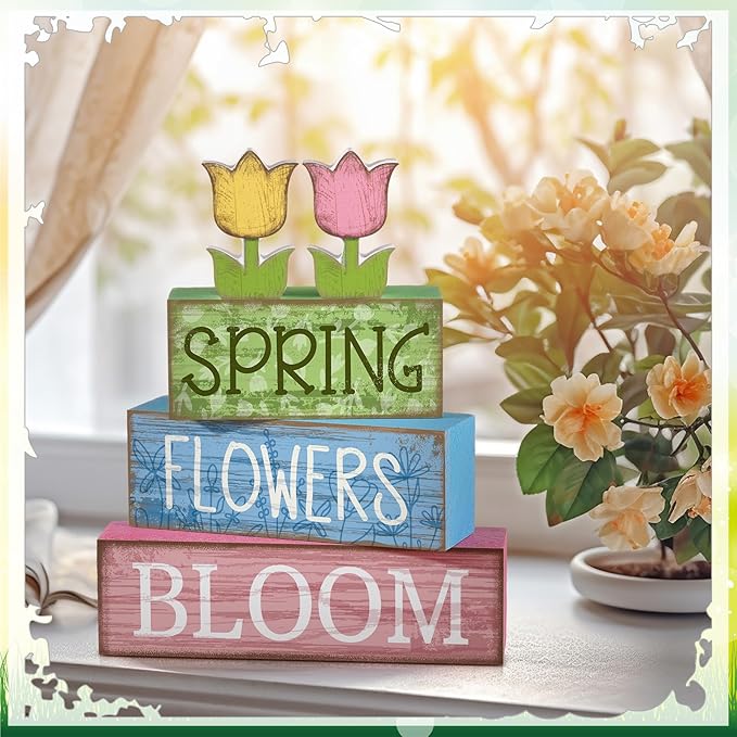 4 Pcs Spring Table Decor Wooden Tulip Spring Tiered Tray Decor Flowers Table Centerpiece Decorative Colorful Tulip Block Signs Gift Farmhouse Flowers Decoration for Home Kitchen Shelf