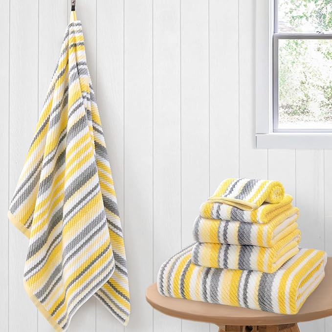 Bath Towels with Hanging Loops, 6PC Striped Towels - 100% Cotton, Quick Dry, Soft, Absorb & Lightweight, 2 Bath 28"x52", 2 Hand 16"x27", 2 Washcloth 13"x13", Shower Towel Decorative Set, Yellow + Gray