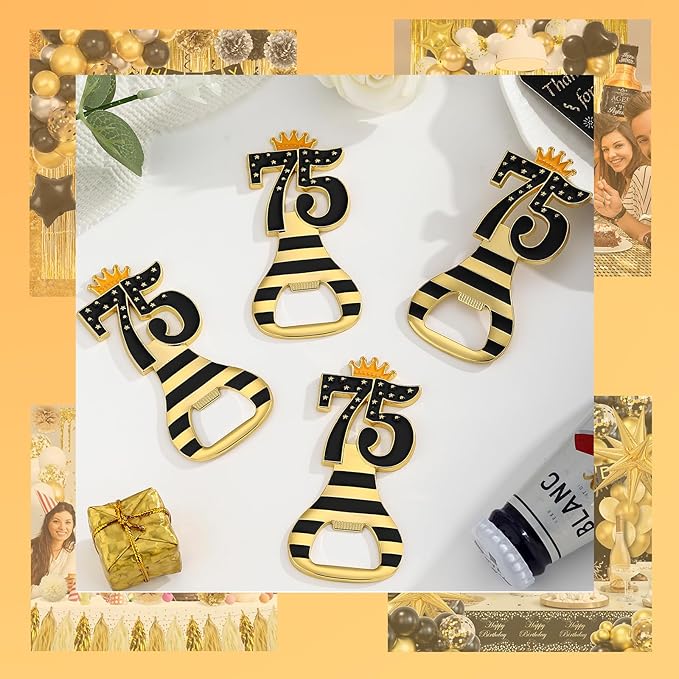24pcs 75th Gold Keychain Bottle Opener 75th Birthday Party Favors, 75 Keychain Beer Bottle Opener Favors Anniversary Souvenirs Return Gifts for Guests Party Decor Supplies (black 75)
