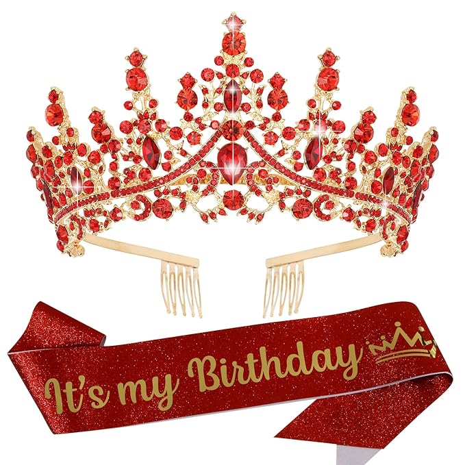 VELSCRUN Red Crystal Birthday Tiara Crowns for Women Girls It's My Birthday Sash Queen Girls Princess Crown with Combs Happy Birth Party Decorations Mom Sisters Birth Gift Hair Accessories