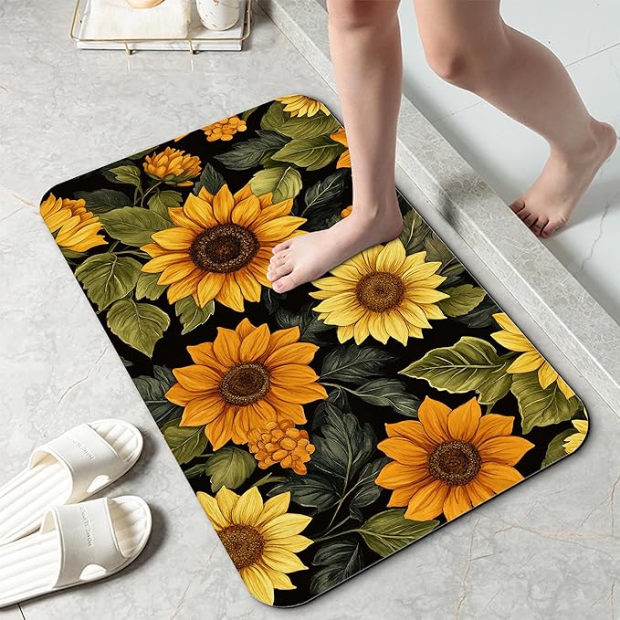 Retro Sunflowers Fast Drying Absorbent Bathroom Mat, Non-Slip Rubber Backing Thin Low-Profile Bath Rug, Easy-Clean Bathroom Floor Mat for Shower, Bathtub, Kitchen, or Entryway