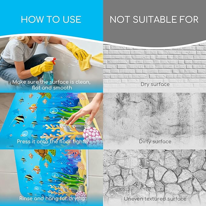 Baby Bath Mat for Tub, Non Slip Kids Bath Shower Mat, 40 X 16 Inch Large Bathtub Mat with Drain Holes and Suction Cups for Toddlers, Machine Washable and Waterproof (Turtle)