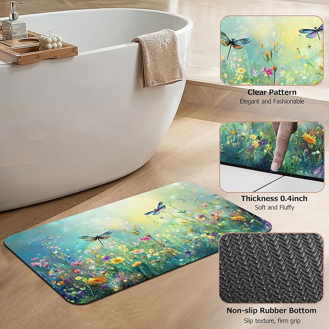 Non Slip Bath Mat,Dragonfly Bathroom Decor,Colorful Flowers Diatomaceous Bath Mat Quick Dry Absorbent Bathroom Rugs-Shower Rug for Kitchen Laundry Bathtub Shower 17"x29.5"