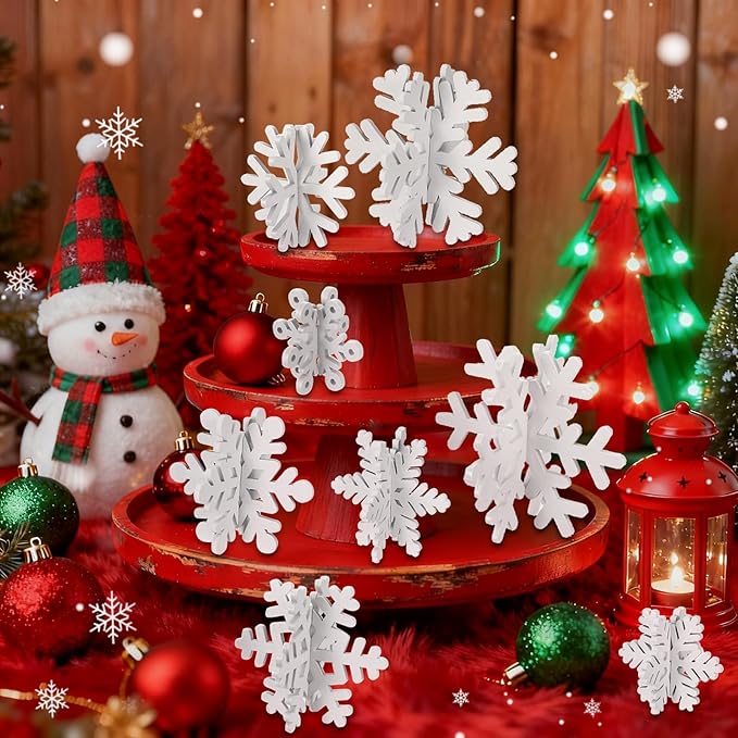 16 Pcs Wooden Snowflake Decorations, 3D White Snowflake Christmas Table Decor, Winter Christmas Table Decorations Indoor, Winter Wonderland Decor for Home Party