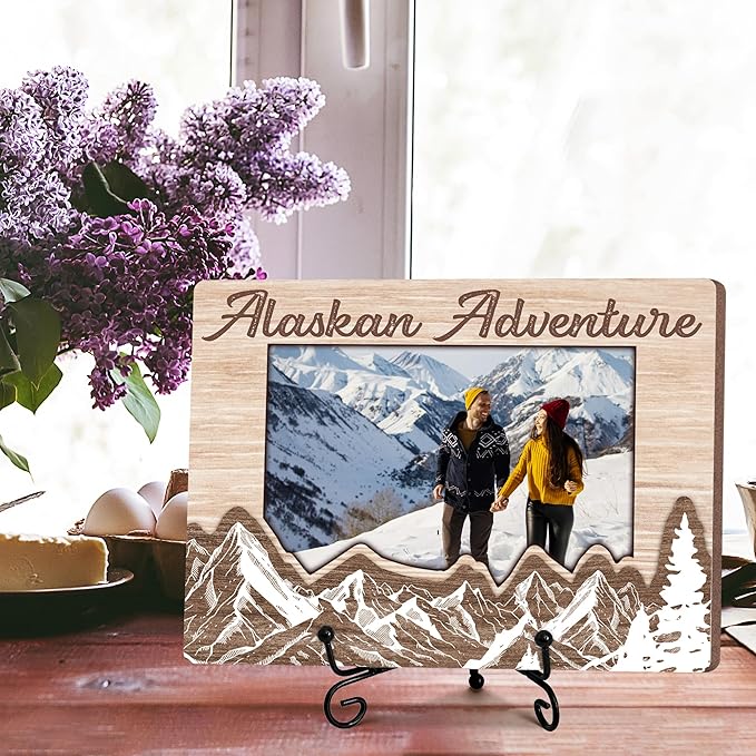 Alaska Adventure Photo Frame, Wooden Picture Frame with Stand, Alaska Vacation Friendship Gifts for Friends Family, 5 x 8 Picture Frame Gifts for Couple BFF, Home Office Desk Holiday Decorations-A01