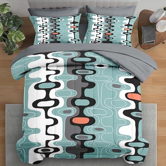 Comforter Set King Size, Mid Century Retro Stripe 7 Pcs Bedding for Kids and Adults, Vintage Geometric Cool Bed Sheet Sets with Fitted Sheet 2 Pillowcases & 2 Shams for Bedroom Bed Decor