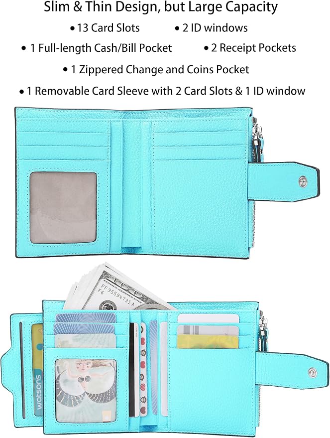 AINIMOER Women's RFID Blocking Leather Small Compact Bi-fold Zipper Pocket Wallet Card Case Purse with id Window