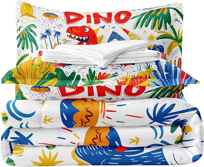 Helloosun 5PCS Dinosaur Comforter Sets Full,Cartoon Dinosaur Bedding Sets for Kids,Colourful Toddler Comforter Full