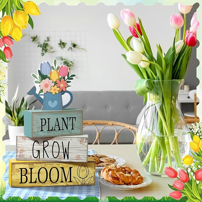 4 Pcs Spring Table Decorations Flower Wooden Signs Spring Tiered Tray Decor Wooden Flower Kettle Block Signs Pastel Table Centerpieces Decor for Home Kitchen Shelf
