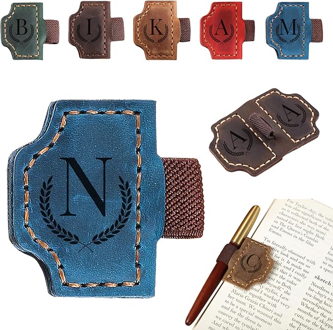Magnetic Bookmarks with Pen Holder, 26 Letters Name Initia Personalized Leather Book Mark, Gifts for Book Lovers Readers Teacher Women Men