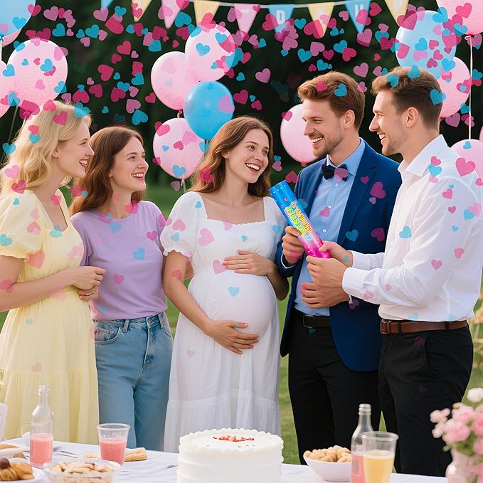 Gender Reveal Confetti Cannons – 6 Pack (3 Blue & 3 Pink) – Baby Gender Reveal Cannon Kit with Heart-Shaped Confetti – Easy Twist Party Poppers for Boy or Girl Baby Reveal Decorations