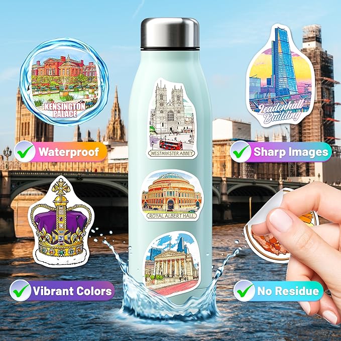 200 PCS London Stickers, British Travel Stickers for Laptop Water Bottle Scrapbook Journal, Vinyl London Travel Souvenirs Decals for Women Men Adults