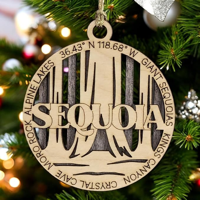 Sequoia National Park Rustic 3" Wood Ornament - Handmade in USA, Laser Cut Christmas Decoration with Forest Scene