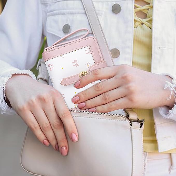 Cute Pink Small Bow Wallet for Women Bifold Womens Wallets Minimalist Ladies Purse with Bow Design Mini Kawaii Coin Purse with ID Window