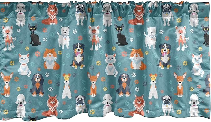 Ambesonne Animal Print Window Valance, Pet Lover Pattern Cats and Dog Colorful Paw Prints, Washable Short Curtain for Kitchen Bedroom Dining Room Cottage Decor with Rod Pocket, 54" X 12", White Teal