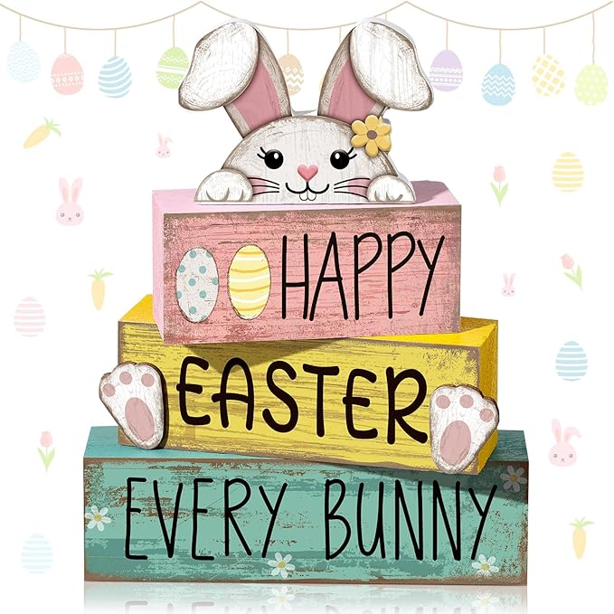 4 Pcs Easter Table Decorations Bunny Tiered Tray Decor Wooden Bunny Block Signs Gifts Happy Easter Centerpiece for Tables Wood Rabbit Tabletop Signs for Kitchen Home Shelf Office Decor