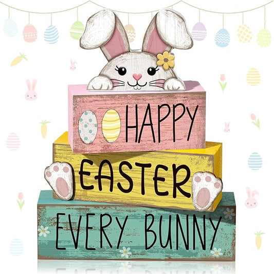 4 Pcs Easter Table Decorations Bunny Tiered Tray Decor Wooden Bunny Block Signs Gifts Happy Easter Centerpiece for Tables Wood Rabbit Tabletop Signs for Kitchen Home Shelf Office Decor
