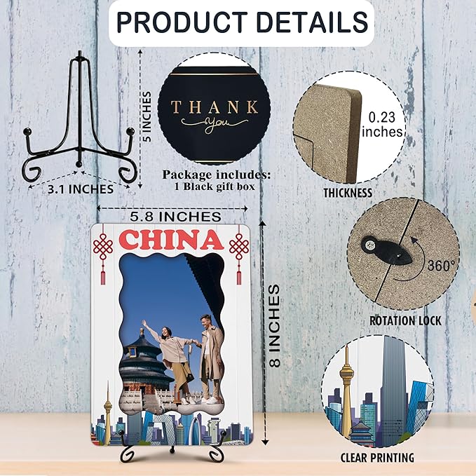 China Souvenir Gifts for Women Men, Travel Photo Frame Gifts for Family Friends, Honeymoon Present of Newlyweds Couples, Wooden Photo Frame with Stand, Home Office Desk Decor-C04