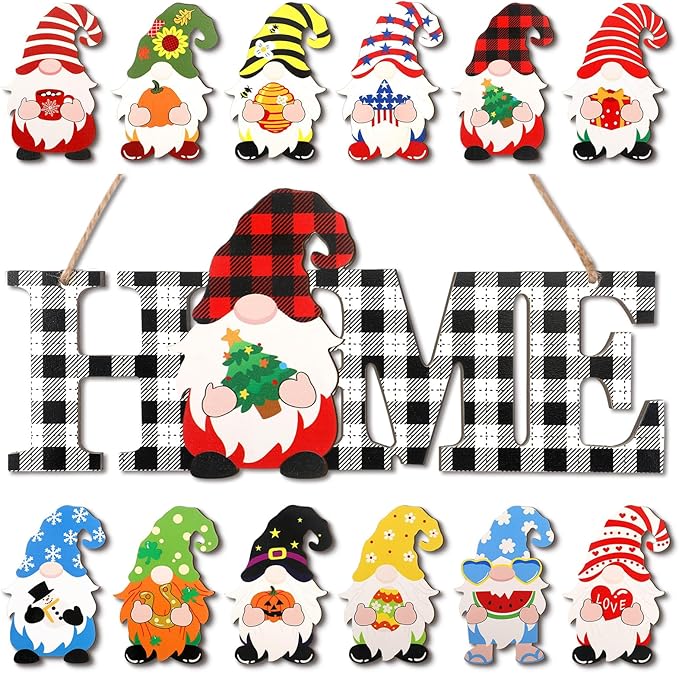 Yookeer 13 Pcs Interchangeable Gnome Home Sign Wood 3D Christmas Winter Seasonal Door Decor Rustic Farmhouse Home Decoration for Holiday Wall Decor Gift(Black and White)