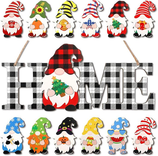 Yookeer 13 Pcs Interchangeable Gnome Home Sign Wood 3D Christmas Winter Seasonal Door Decor Rustic Farmhouse Home Decoration for Holiday Wall Decor Gift(Black and White)