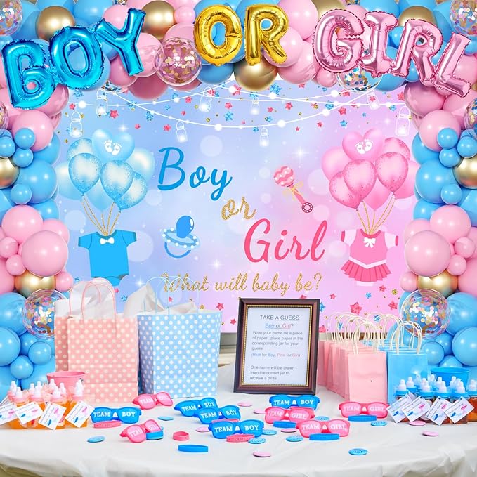 Gender Reveal Balloon Boxes Decorations - 138pcs Pink Blue Balloon Garland Kit, 4pcs Baby Box With Letters, Boy or Girl Backdrop for Baby Shower, Boy or Girl Gender Reveal Party Supplies