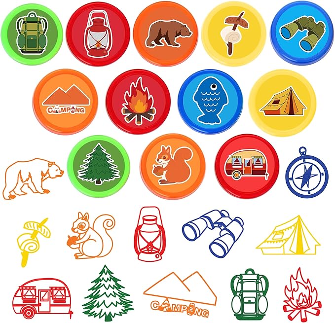 36PCS Camping Party Favors - 24PCS Temporary Tattoos & 12PCS Stamps - Ideal Adventure Themed Birthday Card Decorations Supplies Goodie Bag Cute Rewards for Boys Girls Classroom Gifts Baby Shower