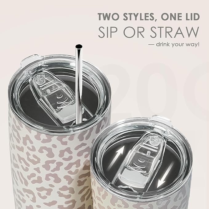 SANDJEST Leopard Print Tumbler 20oz Stainless Steel Insulated, Beige Leopard Travel Coffee Cup, Bow Gifts for Women Girls Teen, Birthday Christmas