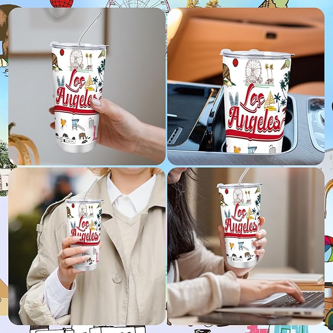 Keluna Los Angeles Souvenirs Gifts - 20Oz Stainless Steel Los Angeles Travel Mug with Lids Straw Brush Insulated, California City Travel Trip Birthday Christmas Mothers Day Gifts for Friend Family