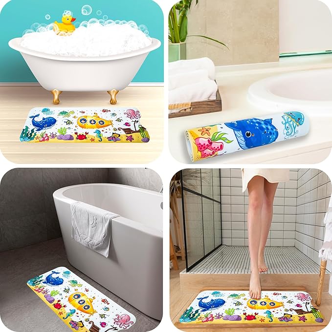 Kids Bath Mat with Ocean Theme Design, 40x16 inches, Non-Slip with 200 Suction Cups, Cartoon Sea Animals Pattern (Whale + Submarine, 40 * 16in)