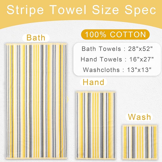 Quick Dry Bath Towels for Bathroom, 4 Pack 28"x52" - 100% Cotton | Soft | Absorbent | Lightweight, Bath Towels with Hanging Loops, Luxury Towel Set for Showering & Guset, Yellow and Gray Stripe