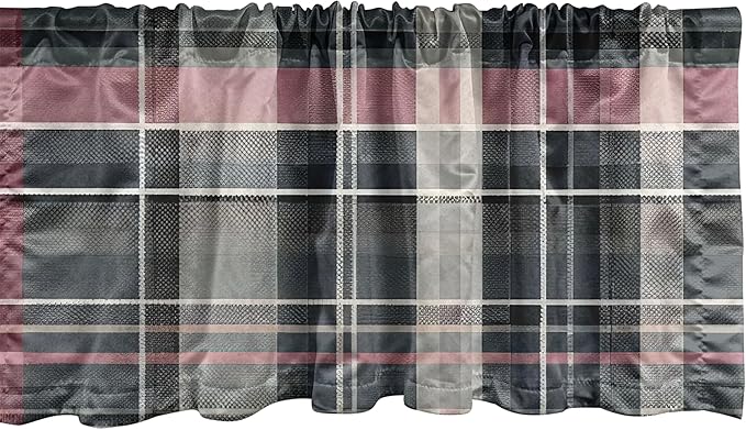 Ambesonne Buffalo Plaid Window Valance, Modern Tartan Design with Gentle Lines Classic Timbermen Pattern, Curtain Valance for Kitchen Bedroom Decor with Rod Pocket, 54" X 18", Pink and Grey