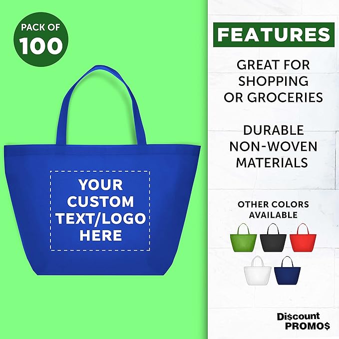 DISCOUNT PROMOS Custom Southern Style Grocery Tote Bags Set of 100 - Personalized Bulk Pack, Reusable Grocery & Shopping Bags - Great for Travel, Carry on Bag, Business Promotions - Blue - 20"X13"X8"