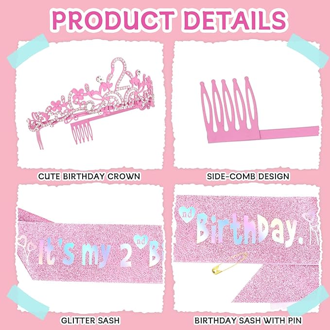 YARIEW Birthday Decorations Glitter Sash and Crown Kit Sparkle Birthday Tiara Crown and Sash Party Outfit Accessory