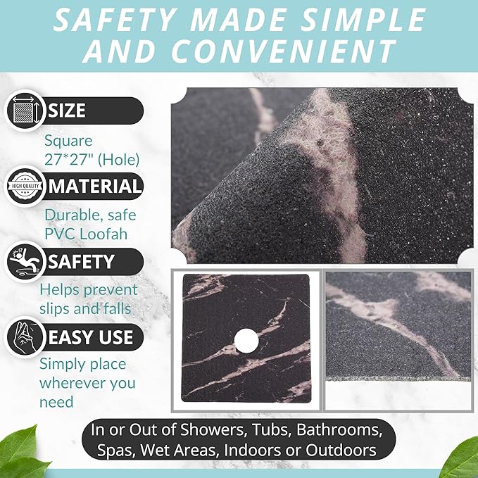 Enkosi Loofah Shower Mat with Drain Hole – Cushioned Anti-Slip Square Bath Mat for Showers, Wet Bathroom Floors – Textured PVC, Secure Non Slip Safety Pad for Walk-in Stalls (27x27 Marble Black)