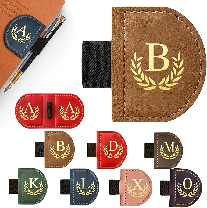 Personalized Leather Magnetic Bookmark with Pen Holder, Custom Bygone Mark Bookmark with Pen Holder, Custom Bookmarks with 26 Letters for Reading Women, Men, Teachers, Book Lovers（Brown，B）